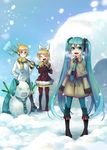  2girls aqua_eyes aqua_hair blonde_hair boots breath coat gloves hand_on_hip hatsune_miku headset kagamine_len kagamine_rin kaida_michi long_hair multiple_girls necktie scarf shovel skirt smile snow snow_shovel snowman spring_onion thigh_boots thighhighs twintails very_long_hair vocaloid yellow_eyes 