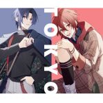  2boys aiue_o_eiua alternate_costume bag bare_legs black_shirt black_socks blue_background blue_eyes blue_hair blue_jacket border brown_coat coat commentary_request english_text floral_print fly_away_(idolish7) grey_pants hand_in_pocket highres hugging_own_legs idolish7 izumi_iori jacket knee_up kneehighs looking_at_viewer male_focus multiple_boys multiple_bracelets nanase_riku open_mouth pants parted_lips place_name plaid plaid_coat red_background red_eyes red_hair shirt short_hair smile socks suspenders two-sided_fabric two-sided_jacket upper_body white_footwear 