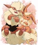 animal_focus arcanine black_eyes brown_eyes claw_pose commentary_request fangs flareon highres mane no_humans one_eye_closed open_mouth orange_fur pawpads pokemon pokemon_(creature) red_background sitting smile snout tail two-tone_background white_background ynmr_ll 