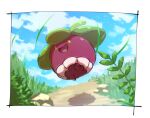  animal_focus blue_sky border bounsweet cloud colored_skin commentary_request grass happy horizon jumping kotobukkii_(yt_lvlv) no_humans open_mouth outdoors plant pokemon pokemon_(creature) purple_skin sky smile white_border yellow_eyes 