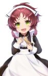  1girl aisha_greyrat apron black_dress dress feet_out_of_frame flat_chest green_eyes highres holding holding_paper maid maid_apron maid_headdress mushoku_tensei paper red_hair relief rfg_rozen short_hair simple_background smile solo white_background white_headdress 