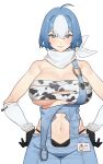  1girl absurdres ahoge bandages bandana bandeau bare_shoulders black_gloves black_panties blue_eyes blue_hair character_request chest_sarashi clothing_cutout commentary_request copyright_request cowboy_shot gebijiade_89 gloves hands_on_own_hips highres looking_at_viewer multicolored_hair navel overalls panties sarashi short_hair simple_background smile solo standing stomach stomach_cutout strapless tube_top two-tone_hair underwear white_background white_bandana white_hair 