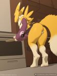anthro apron apron_only armwear bandai_namco big_breasts bottomless breasts bridal_gauntlets canid canine clothed clothing digimon digimon_(species) dredjir feet female fox genitals hi_res looking_at_viewer mammal partially_clothed pussy renamon smile smiling_at_viewer solo thick_thighs toes wide_hips