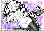  1girl animal_ears animal_hands bow bra breasts cat_ears choker copyright_name envelope fake_animal_ears folder food fruit game_console gloves greyscale_with_colored_background hands_up highres hirumanoinu intravenous_drip large_breasts lingerie looking_at_viewer navel noa-senpai_wa_tomodachi. panties paw_gloves pill pink_bow rabbit rainbow saotome_noa shooting_star short_hair side-tie_panties solo strawberry tail tail_bow tail_ornament thighhighs underwear underwear_only window_(computing) 