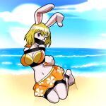 absurd_res anthro bdsm beach big_breasts blonde_hair bondage bottomwear bound breasts brown_eyes carrot_(one_piece) cleavage clothed clothing cotton_tail eyelashes female fur gag gagged hair hi_res lagomorph leporid looking_at_viewer mammal minkmen_(one_piece) navel one_piece orange_bottomwear orange_clothing orange_skirt orange_swimwear rabbit radiantrealm sand sea seaside skirt sky solo sun swimwear tail tail_under_skirt water white_body white_fur yellow_clothing yellow_swimwear