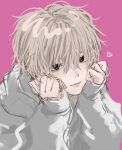  absurdres artist_request blonde_hair brown_eyes grey_sweater hands_on_own_cheeks hands_on_own_face heart highres imai_akira male_focus messy_hair original pink_background sweater 