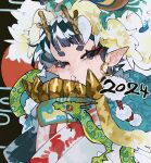  1girl 2024 chinese_zodiac dragon dragon_girl dragon_horns dragon_mask earrings egasumi horns japanese_clothes jewelry kamoda35_(fwwwei11) kimono looking_at_viewer new_year open_mouth original pointy_ears pom_pom_(clothes) short_eyebrows solo upper_body year_of_the_dragon 