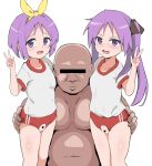  1boy 2girls absurdres blush breasts buruma crotchless crotchless_buruma gym_shirt gym_uniform hair_ribbon hand_on_another&#039;s_ass highres hiiragi_kagami hiiragi_tsukasa long_hair looking_at_viewer lucky_star multiple_girls open_mouth purple_eyes purple_hair pussy red_buruma ribbon shirt short_hair simple_background small_breasts smile twintails v verseir_001 white_background 