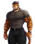 anthro belt big_pecs clock clothing dream_and_nightmare felid hat headgear headwear hi_res male mammal night_(dream_and_nightmare) pantherine pecs pockets shirt smile solo stripes tiger topwear watch