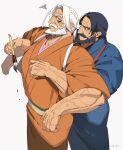  2boys annoyed bara beard black_hair blue_eyes blue_kimono cowboy_shot cross_facial_mark dark-skinned_male dark_persona dark_skin dual_persona facial_hair facial_mark forked_eyebrows grabbing grabbing_from_behind highres holding_calligraphy_brush japanese_clothes jp_(street_fighter) kimono large_pectorals long_hair looking_at_another looking_back male_focus mature_male multiple_boys muscular muscular_male mustache old old_man orange_kimono pectorals ponytail sa1k0p simple_background street_fighter street_fighter_6 sweat thick_beard thick_eyebrows thick_mustache veins veiny_arms white_background white_hair 