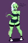 2018 absurd_res alien alien_humanoid armwear artist_name bottomwear breasts choker cigarette clothed clothing darkeros disney ear_piercing ear_ring eyebrows female fishnet fishnet_armwear fishnet_legwear footwear freckles full-length_portrait green_body green_skin hair half-closed_eyes hi_res humanoid humanoid_pointy_ears jewelry legwear long_hair looking_at_viewer lord_dominator narrowed_eyes necklace nipple_outline noseless not_furry piercing pink_sclera portrait purple_background ring_piercing simple_background skimpy solo standing thick_thighs thigh_highs topwear wander_over_yonder white_hair wide_hips