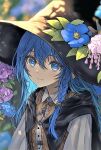  1girl absurdres black_cape blue_eyes blue_flower blue_hair blurry braid brown_vest cape closed_mouth collar collared_shirt depth_of_field flower hair_between_eyes hairband hat hat_flower head_tilt highres long_hair mushoku_tensei pink_flower qazws9881 roxy_migurdia shirt single_braid smile solo sunlight upper_body vest white_collar white_shirt witch_hat 