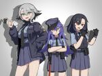  3girls absurdres angry baton_(weapon) belt belt_pouch black_gloves black_hair blue_eyes blue_hair blue_shirt blue_skirt bulletproof_vest collared_shirt crossed_arms gloves grey_background grey_hair gun handgun hat highres holding holding_key ismuth_(bibibibirite) jacket key keyring long_hair multicolored_hair multiple_girls necktie open_mouth original pleated_skirt pocket police police_badge police_hat police_uniform policewoman pouch red_eyes shadow shirt short_hair shorts shorts_under_skirt skirt smile teeth two-tone_hair uniform upper_teeth_only weapon yellow_eyes 