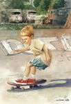  1boy artworksmil blonde_hair motor_vehicle original painting_(medium) realistic shadow skateboard still_life sunlight traditional_media tree watercolor_(medium) 