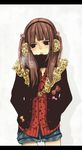  alternate_costume bad_id bad_pixiv_id black_eyes brown_hair casual coat earmuffs hair_bobbles hair_ornament hands_in_pockets long_hair ringo_komachi scarf shorts solo twintails umineko_no_naku_koro_ni ushiromiya_ange 