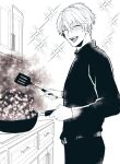  bad_food blush censored censored_food closed_eyes cooking doyagao facing_viewer grin happy kitchen male_focus monochrome obey_me!:_one_master_to_rule_them_all! smile smug solomon_(obey_me!) sparkle spatula tban_difk turtleneck white_hair 