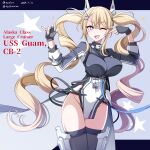  1girl ;d \m/ absurdres azur_lane black_gloves black_thighhighs blonde_hair blue_eyes breasts character_name chest_strap coat coattails commentary_request cowboy_shot dated drill_hair facial_mark gloves gradient_eyes grey_coat groin guam_(azur_lane) hair_between_eyes hair_ornament hairclip hands_up headgear heart heart_facial_mark hebitsukai-san highres large_breasts long_hair long_sleeves looking_at_viewer multicolored_eyes one_eye_closed open_mouth pelvic_curtain purple_eyes sidelocks skindentation smile solo standing star-shaped_pupils star_(symbol) symbol-shaped_pupils teeth thighhighs twin_drills twintails twitter_username underbust upper_teeth_only v_over_eye very_long_hair 