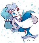  animal_focus blue_eyes blue_hair bright_pupils colored_skin commentary_request long_hair multi-tied_hair no_humans open_mouth pokemon pokemon_(creature) primarina sea_lion snout sstoh tail white_background white_skin 