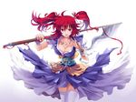  bad_id bad_pixiv_id breasts cleavage hair_bobbles hair_ornament highres kiseru large_breasts looking_at_viewer obi onozuka_komachi over_shoulder pico_(picollector79) pipe red_eyes red_hair sash scythe short_hair solo thighhighs touhou two_side_up weapon weapon_over_shoulder white_legwear 