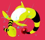  alternate_color ampharos animal_focus black_eyes commentary_request electricity electrokinesis floating full_body gem looking_afar no_humans open_mouth pink_background pokemon pokemon_(creature) red_background red_gemstone simple_background solo striped winter939 
