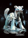  absurdres animal_focus black_background blue_eyes bright_pupils chien-pao claws commentary_request highres ice no_humans on_ice pokemon pokemon_(creature) reflection signature snow_leopard sukepmonster tail whiskers white_fur 