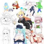  6+girls absurdres ahoge akari_(blue_archive) artist_request bare_arms bare_legs bare_shoulders bikini black_horns black_one-piece_swimsuit blue_archive blush breasts brown_eyes cameltoe cellphone clearite cleavage closed_mouth collaboration covered_navel covered_nipples crocodile crocodilian demon_horns food frilled_one-piece_swimsuit frills grey_hair halo highres hiyori_(blue_archive) holding holding_food holding_phone horns hot_dog hyakunichigo_ni_shinu_wani ikayaki izumi_(blue_archive) izumi_(swimsuit)_(blue_archive) large_breasts light_brown_hair long_hair looking_at_viewer miyako_(blue_archive) miyako_(swimsuit)_(blue_archive) multiple_girls nagisa_(blue_archive) off-shoulder_one-piece_swimsuit off_shoulder official_alternate_costume one-piece_swimsuit one_eye_closed parted_lips phone pokemon pokemon_(creature) ponytail purple_eyes red_bikini serina_(blue_archive) small_breasts smartphone smile solo_focus swimsuit 