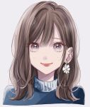  1girl blue_sweater brown_hair closed_mouth commentary cropped_torso earrings flower flower_earrings grey_eyes highres jewelry lipstick looking_at_viewer makeup medium_hair original portrait red_lips saitou_shiori_(pixiv14549321) simple_background single_earring smile straight-on sweater turtleneck turtleneck_sweater wavy_hair white_background white_flower 