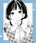  1girl blue_border border bow buttons closed_mouth coat commentary_request enpera fringe_trim greyscale highres long_hair looking_at_viewer monochrome original outside_border plaid plaid_coat saitou_shiori_(pixiv14549321) scarf smile solo spot_color sweater triangle unmoving_pattern upper_body winter_clothes 