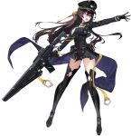  1girl absurdres alternate_costume black_footwear black_gloves black_thighhighs breasts brown_hair cleavage counter:side full_body gloves gun highres holding holding_gun holding_weapon karin_wong large_breasts long_hair official_art simple_background tachi-e thighhighs transparent_background weapon 