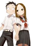  1boy 1girl absurdres belt belt_buckle black_hair black_pants black_sailor_collar black_skirt brown_eyes brown_hair buckle closed_mouth collared_shirt commentary_request dress_shirt eye_contact forehead highres holding_hands karakai_jouzu_no_takagi-san long_hair looking_at_another neckerchief nishikata pants parted_bangs pleated_skirt red_neckerchief sailor_collar shirt short_sleeves simple_background skirt smile takagi-san white_background white_belt white_shirt wide-eyed yamamoto_souichirou 