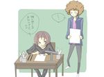  bakuman brown_hair desk kanji niizuma_eiji paper sitting smile 