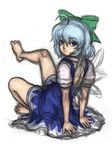  ahoge arm_support barefoot blue_eyes blue_hair bow cirno fairy hair_bow highres image_sample kuro_suto_sukii looking_back md5_mismatch pixiv_sample short_hair sitting sketch smile solo touhou wings 