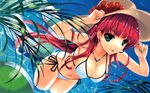  :p bikini breasts cleavage dutch_angle earrings green_nails hat highres hoop_earrings jewelry large_breasts long_hair misaki_kurehito nail_polish necklace original red_hair side-tie_bikini solo swimsuit tongue tongue_out wading wallpaper water wet 