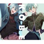  2boys :p aiue_o_eiua akanbe arms_up belt black_hoodie black_shirt blue_background blue_belt blue_eyes blue_hair blue_jacket blue_pants commentary_request eyelid_pull green_background green_hair green_jacket highres hood hoodie idolish7 isumi_haruka jacket letterboxed long_sleeves looking_at_viewer male_focus multiple_boys open_mouth pants place_name red_pants shirt short_hair simple_background smile teeth tongue tongue_out upper_teeth_only white_background yellow_eyes yotsuba_tamaki 
