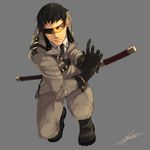  bad_id bad_pixiv_id black_hair blue_eyes boots gloves goggles hiryuu_(kugelcruor) katana male_focus military military_uniform necktie original signature smile solo sword uniform weapon 