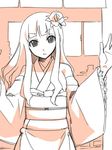  arms_up bangs black_eyes blunt_bangs flower hair_flower hair_ornament head_tilt itoshiki_rin japanese_clothes kimono long_hair milcho monochrome obi sash sayonara_zetsubou_sensei solo wavy_hair 