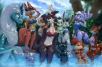  6+girls absurdres aggressive_retsuko ass beastars bikini breasts bunnie_rabbot cleavage crossover dappled_sunlight diane_foxington dragon_girl fangs fox_girl furry furry_female haru_(beastars) highres horns judy_hopps juno_(beastars) lola_bunny looney_tunes mae_borowski maid_marian_(disney) mechanical_arms multiple_crossover multiple_girls night_in_the_woods one-piece_swimsuit partially_submerged pool poolside rabbit_girl ratchet_&amp;_clank raya_and_the_last_dragon rivet_(ratchet_&amp;_clank) robin_hood_(disney) s1m sally_acorn shade shikabane_(aggretsuko) single_mechanical_arm sisu_(ratld) skunk_girl sonic_(series) sonic_the_hedgehog_(satam) space_jam squirrel_girl squirrel_tail sunglasses sunlight swimsuit tail the_bad_guys_(film) trait_connection zootopia 