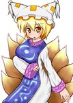  blonde_hair blush breasts fox_tail highres large_breasts multiple_tails open_mouth simple_background solo tail touhou white_background yakumo_ran yellow_eyes yuberan 