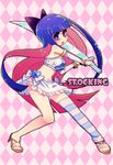  alternate_costume blue_eyes blue_hair bow hair_bow high_heels long_hair midriff nail_polish navel panty_&amp;_stocking_with_garterbelt pink_nails ruru_(lamourouge) sandals shoes single_thighhigh skirt solo stocking_(psg) striped striped_legwear sword thighhighs weapon 