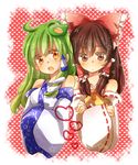  bare_shoulders border brown_eyes brown_hair crossed_arms detached_sleeves fading_border green_hair hair_ribbon hakurei_reimu heart heart_background highres kochiya_sanae multiple_girls orange_eyes ribbon touhou upper_body zawameki 