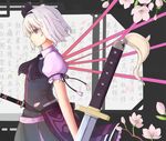  ascot bad_id bad_pixiv_id blue_eyes bob_cut cherry_blossoms evers flower hairband konpaku_youmu petals profile short_hair silver_hair solo sword touhou weapon 