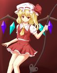  bad_id bad_pixiv_id blonde_hair blush flandre_scarlet hat hat_ribbon laevatein long_hair ponytail red_eyes ribbon side_ponytail solo toono_suika touhou weapon wings 