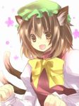  animal_ears bad_id bad_pixiv_id bow bowtie brown_eyes brown_hair cat_ears cat_tail chen fang hat multiple_tails sakura_(lilak_a) solo tail touhou 