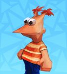  1boy banjo-kazooie black_eyes blue_background blue_pants closed_mouth commentary cowboy_shot english_commentary fusion highres ixurcafe jinjo looking_ahead orange_shirt pants phineas_and_ferb phineas_flynn red_hair shirt short_sleeves solo striped_clothes striped_shirt white_shirt 