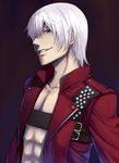  blue_eyes dante_(devil_may_cry) devil_may_cry devil_may_cry_3 face grin hiroya_juuren male_focus silver_hair simple_background smile solo zipper 