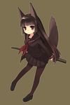  animal_ears bangs black_hair blunt_bangs copyright_request fox_ears hime_cut hinuki_marina long_hair pantyhose school_uniform serafuku simple_background solo sword weapon 