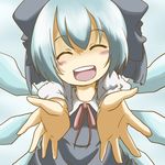  :d ^_^ aa_hito blush bow cirno closed_eyes foreshortening hair_bow no_nose open_mouth outstretched_arms outstretched_hand short_hair silver_hair smile solo touhou wings 