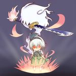  bob_cut bow chibi dress dual_wielding ghost hair_ribbon hairband highres holding konpaku_youmu konpaku_youmu_(ghost) mouth_hold red_eyes ribbon scabbard sheath short_hair silver_hair solo standing sword touhou uzura-pc vest weapon 