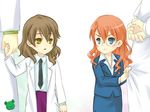  2girls blue_eyes brown_hair gekota glasses heaven_canceller holding_hands kihara_gensei kiyama_harumi labcoat long_hair multiple_boys multiple_girls orange_hair pencil_skirt piku skirt telestina_kihara_lifeline to_aru_kagaku_no_railgun to_aru_majutsu_no_index yellow_eyes younger 