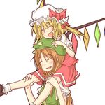  :d ^_^ blonde_hair blush bow braid carrying closed_eyes flandre_scarlet hair_bow hand_on_headwear hat hong_meiling multiple_girls natsuk open_mouth red_hair shoulder_carry side_ponytail smile star touhou wings 